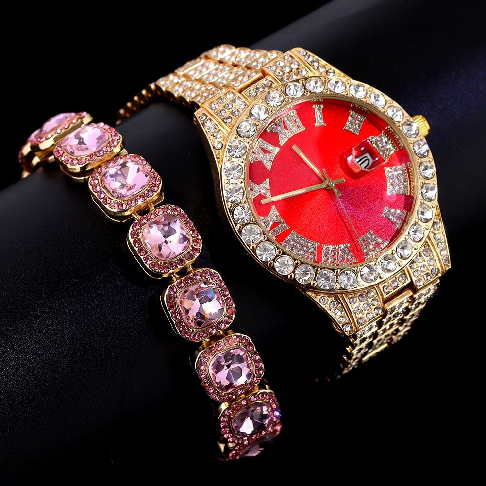 Gold Iced Colored Dial Watch + Bracelet - Icefall - Red Dial