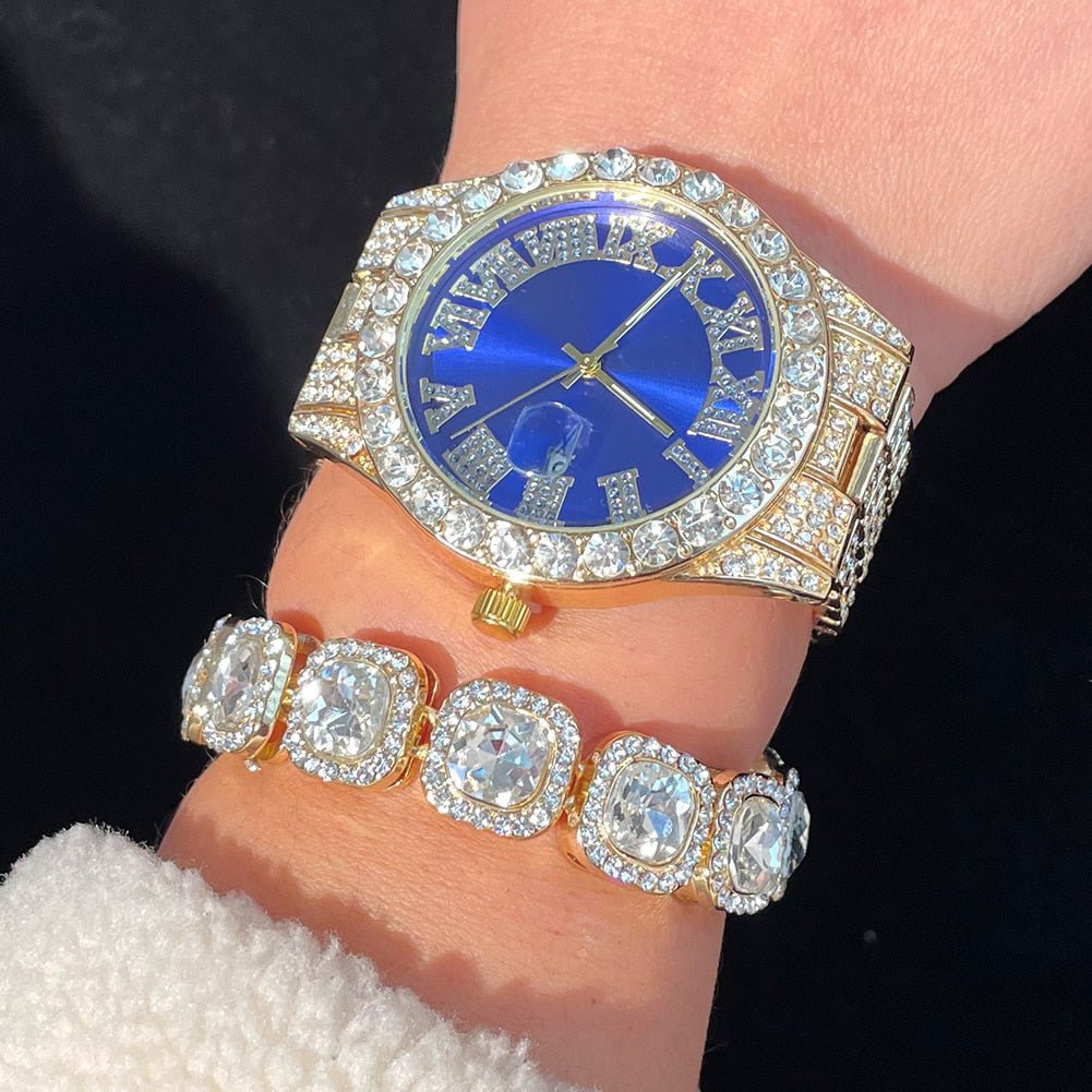 Gold Iced Colored Dial Watch + Bracelet - Icefall