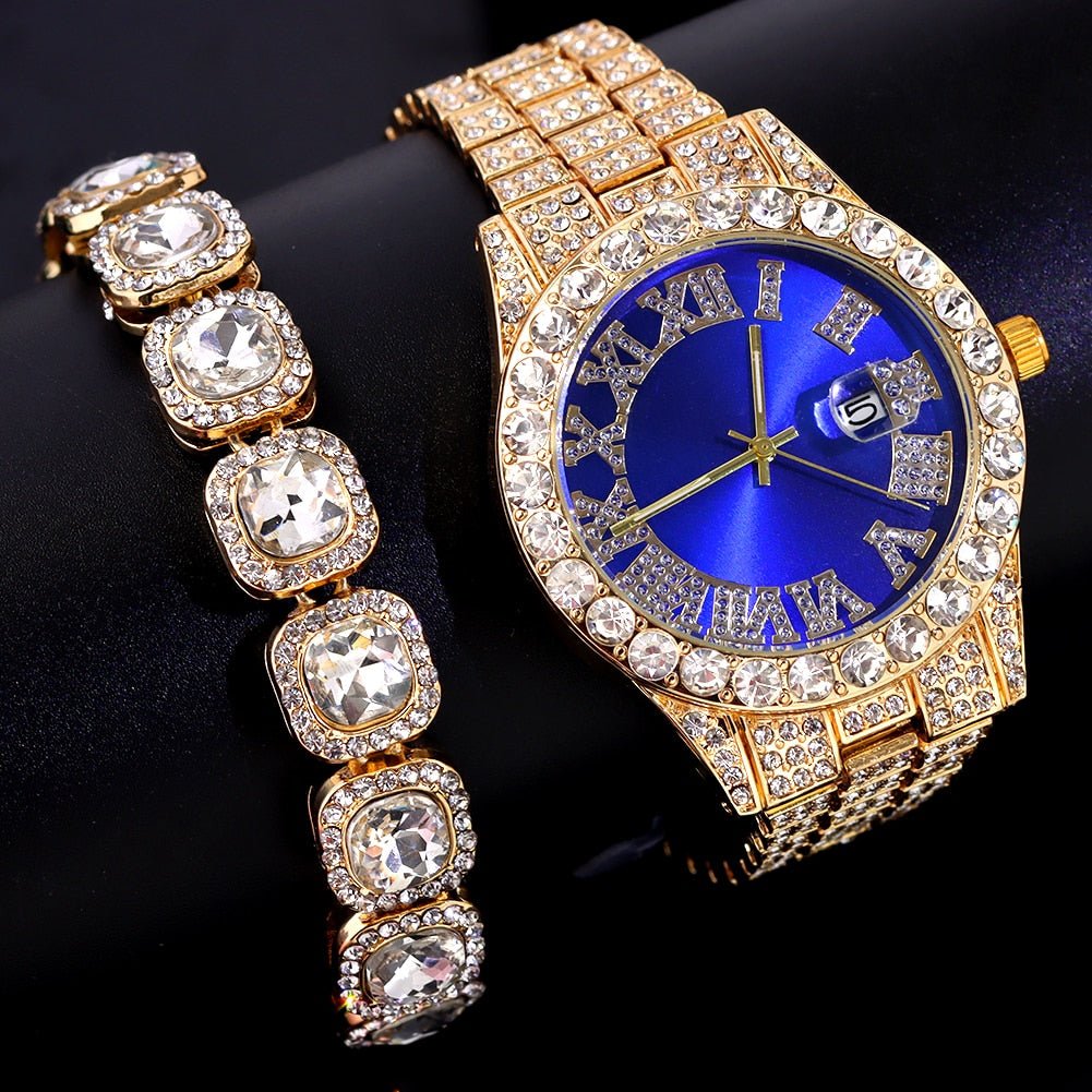 Gold Iced Colored Dial Watch + Bracelet - Icefall - Blue Dial