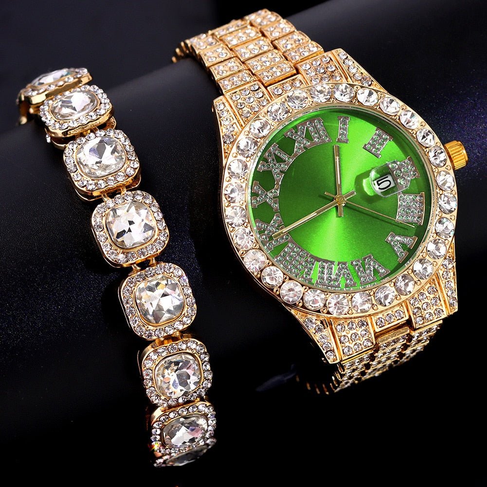 Gold Iced Colored Dial Watch + Bracelet - Icefall - Green Dial