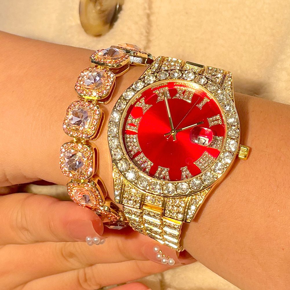 Gold Iced Colored Dial Watch + Bracelet - Icefall
