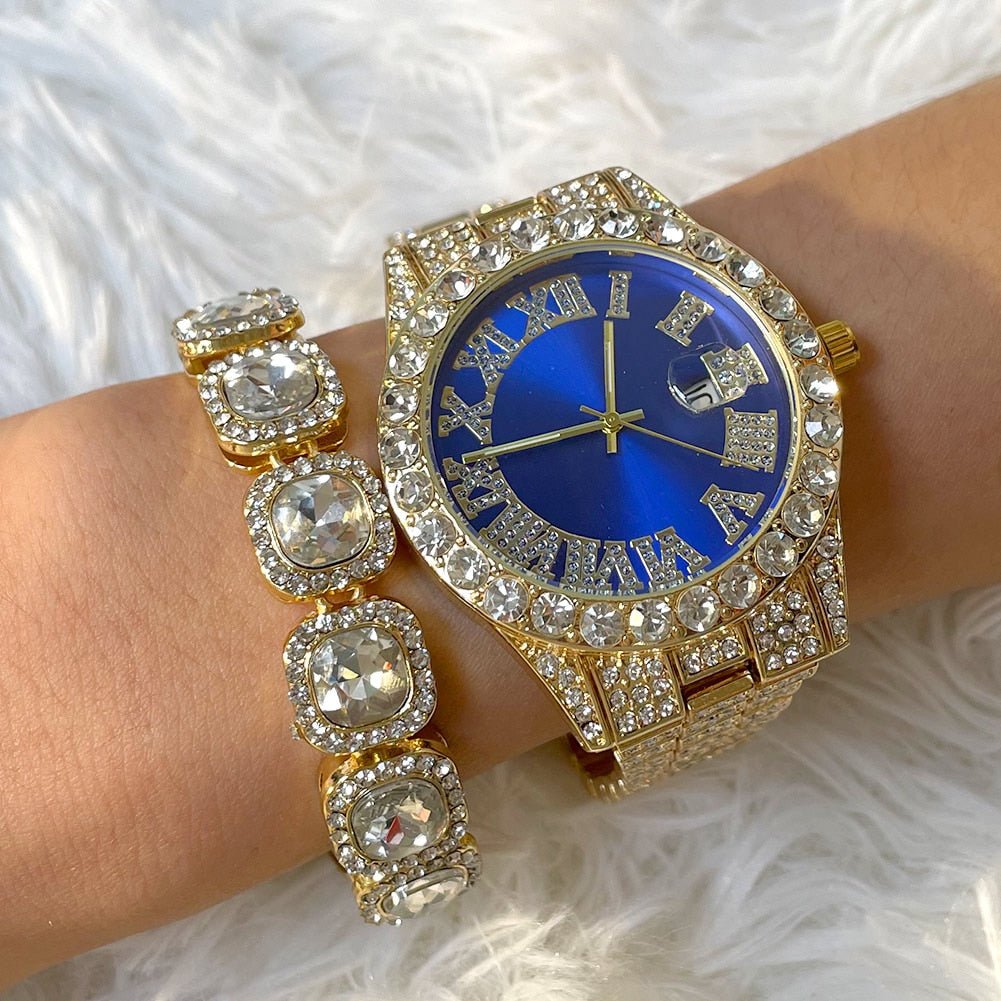 Gold Iced Colored Dial Watch + Bracelet - Icefall