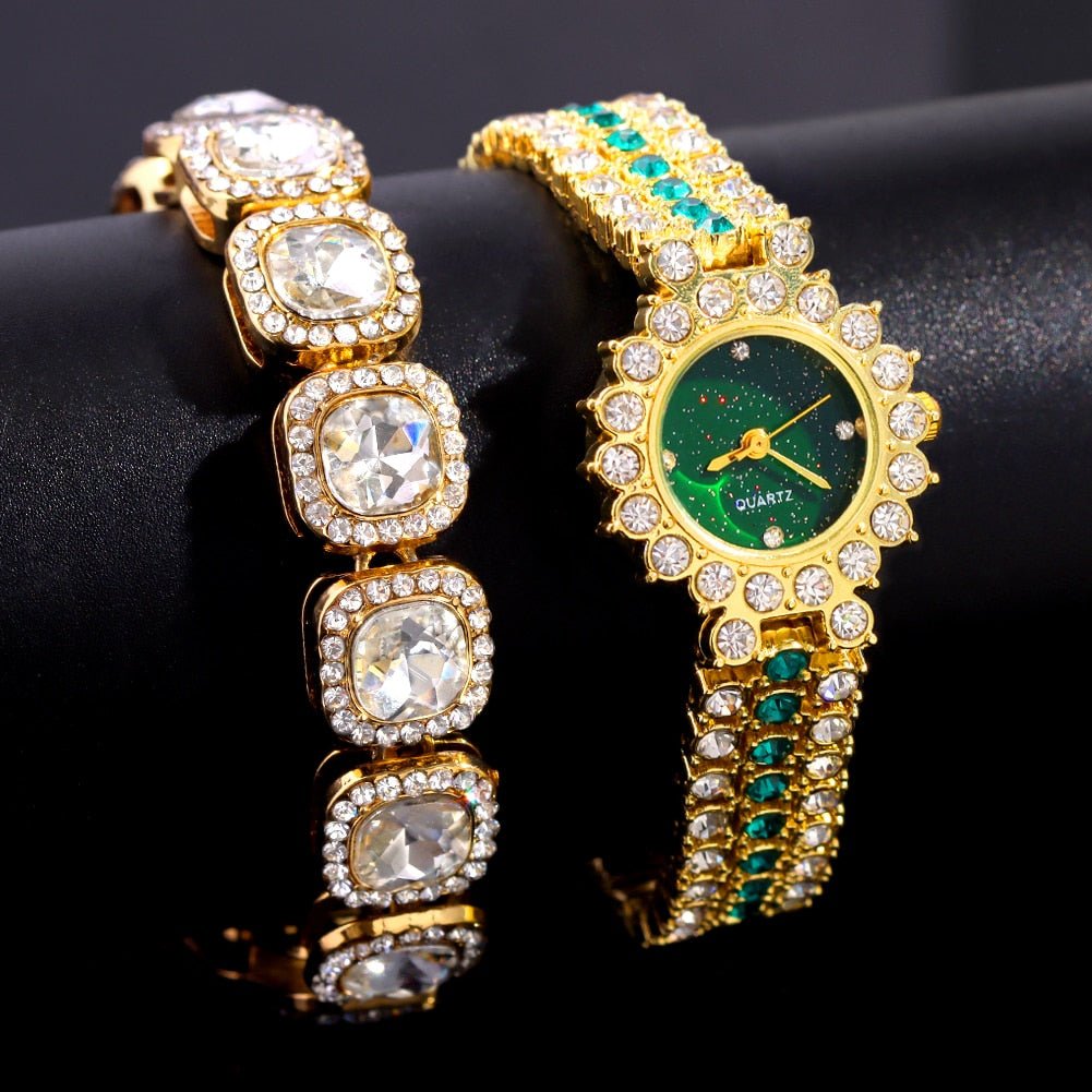 Gold Iced Starry Quartz Watch + Bracelet - Icefall - Green