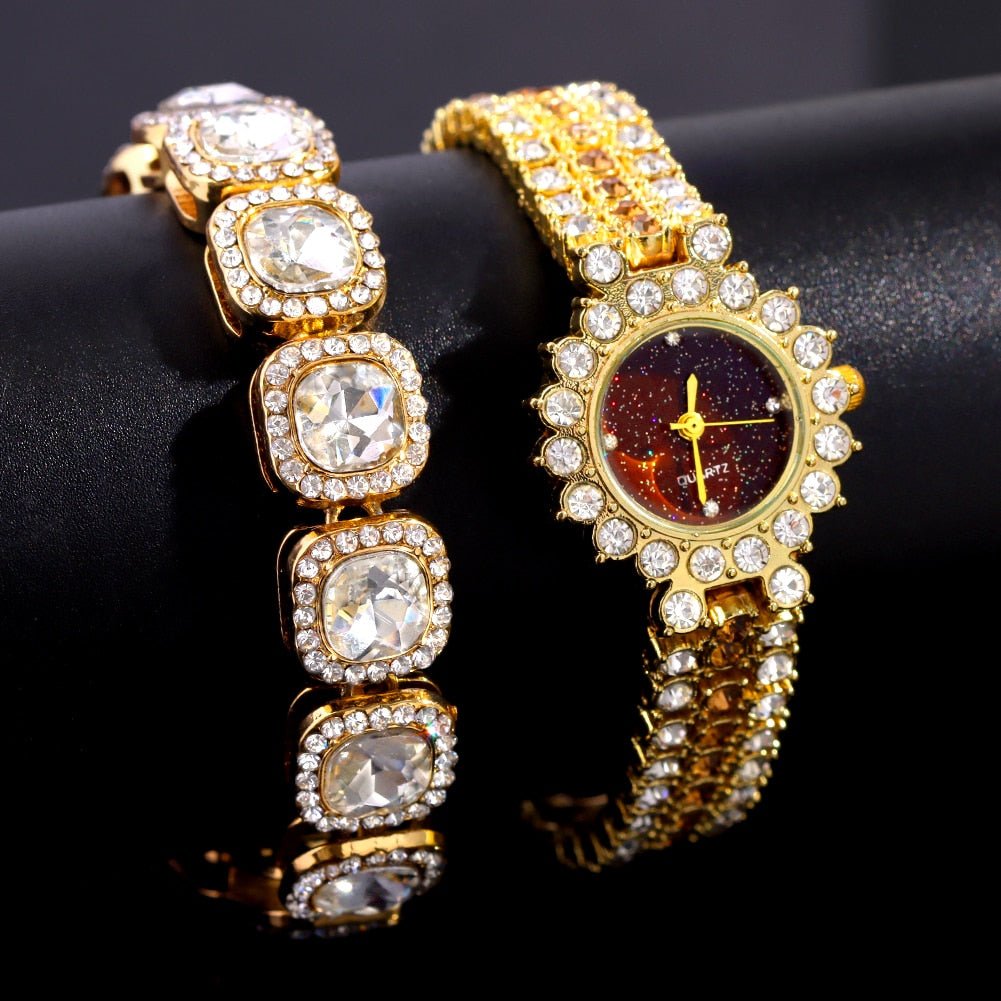 Gold Iced Starry Quartz Watch + Bracelet - Icefall - Red