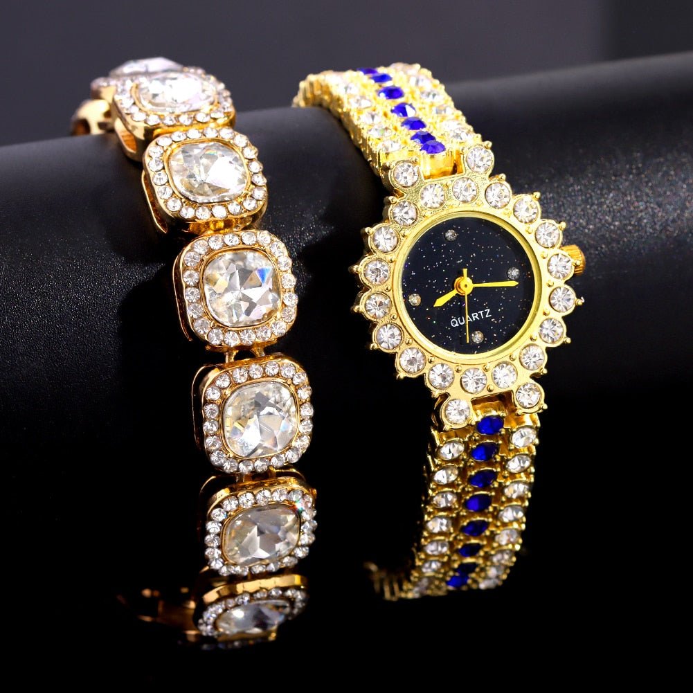 Gold Iced Starry Quartz Watch + Bracelet - Icefall - Blue