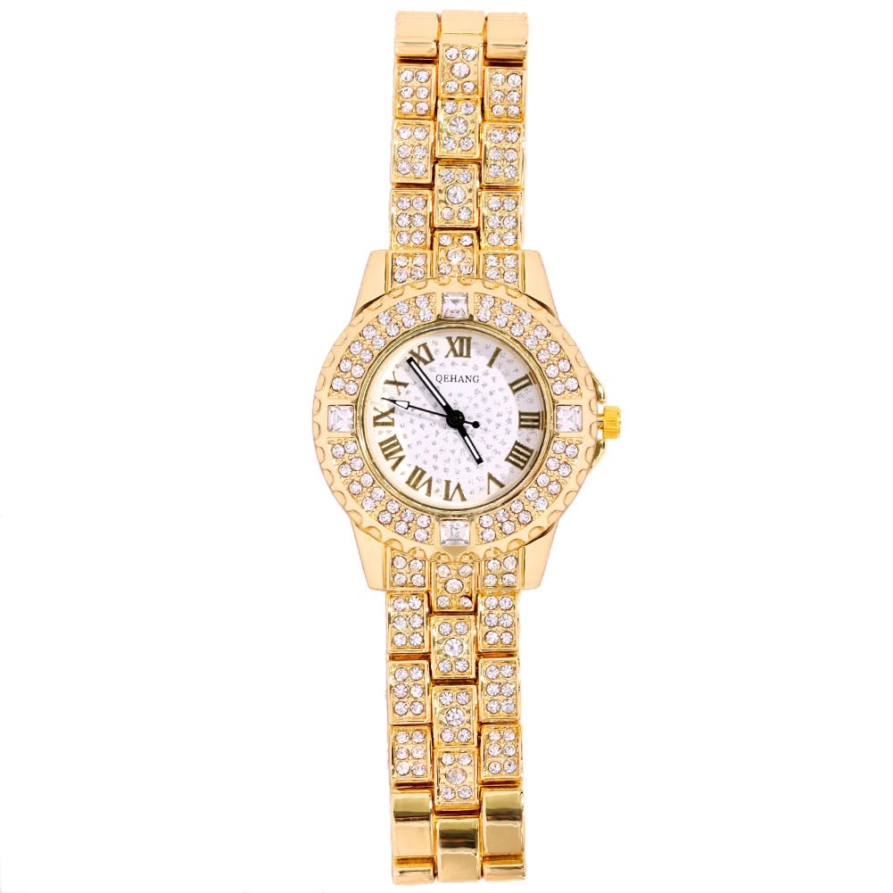 Iced Roman Numerals Watch White Dial - Icefall - Gold