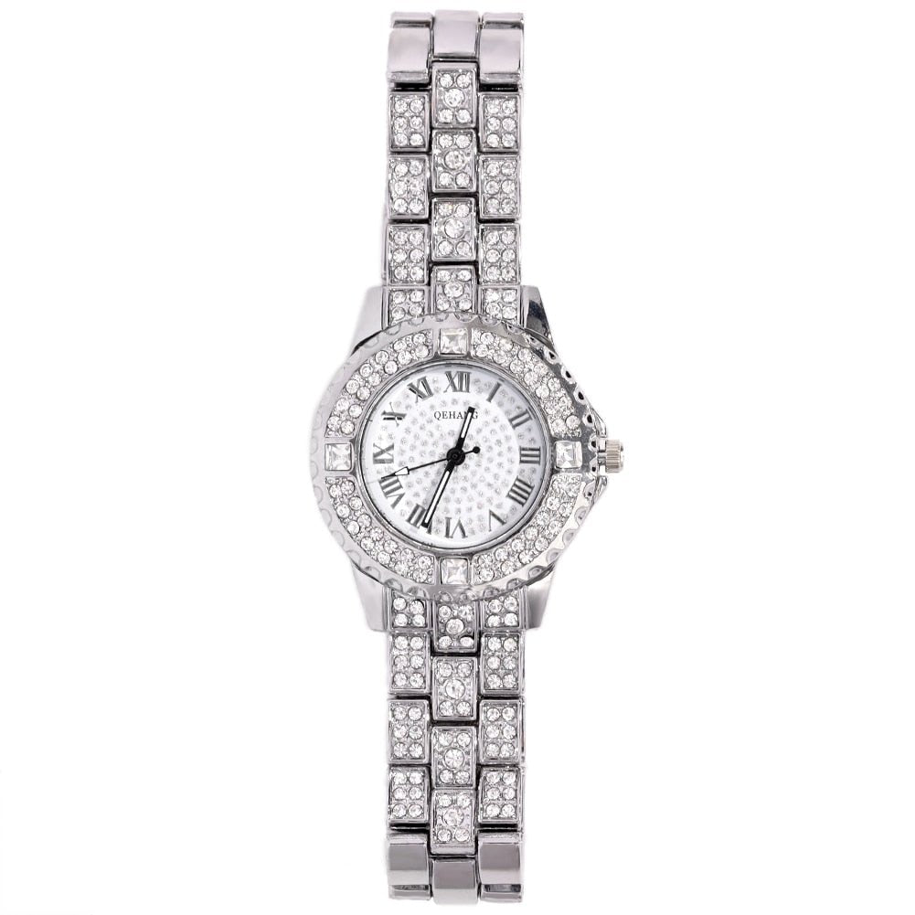 Iced Roman Numerals Watch White Dial - Icefall - Silver