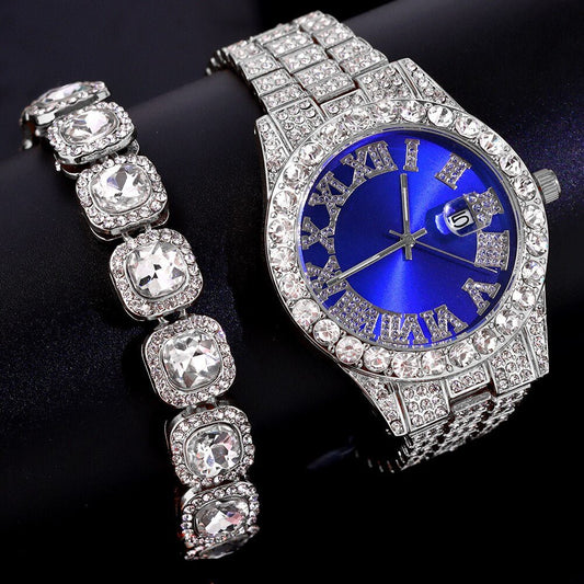 Silver Iced Colored Dial Watch + Bracelet - Icefall - Blue