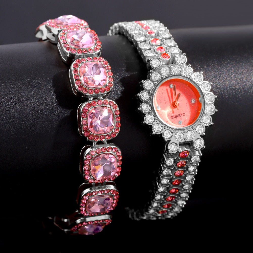 Silver Iced Starry Quartz Watch + Bracelet - Icefall - Pink