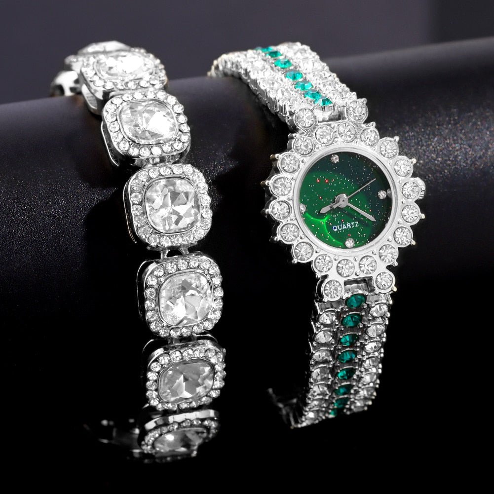 Silver Iced Starry Quartz Watch + Bracelet - Icefall - Green