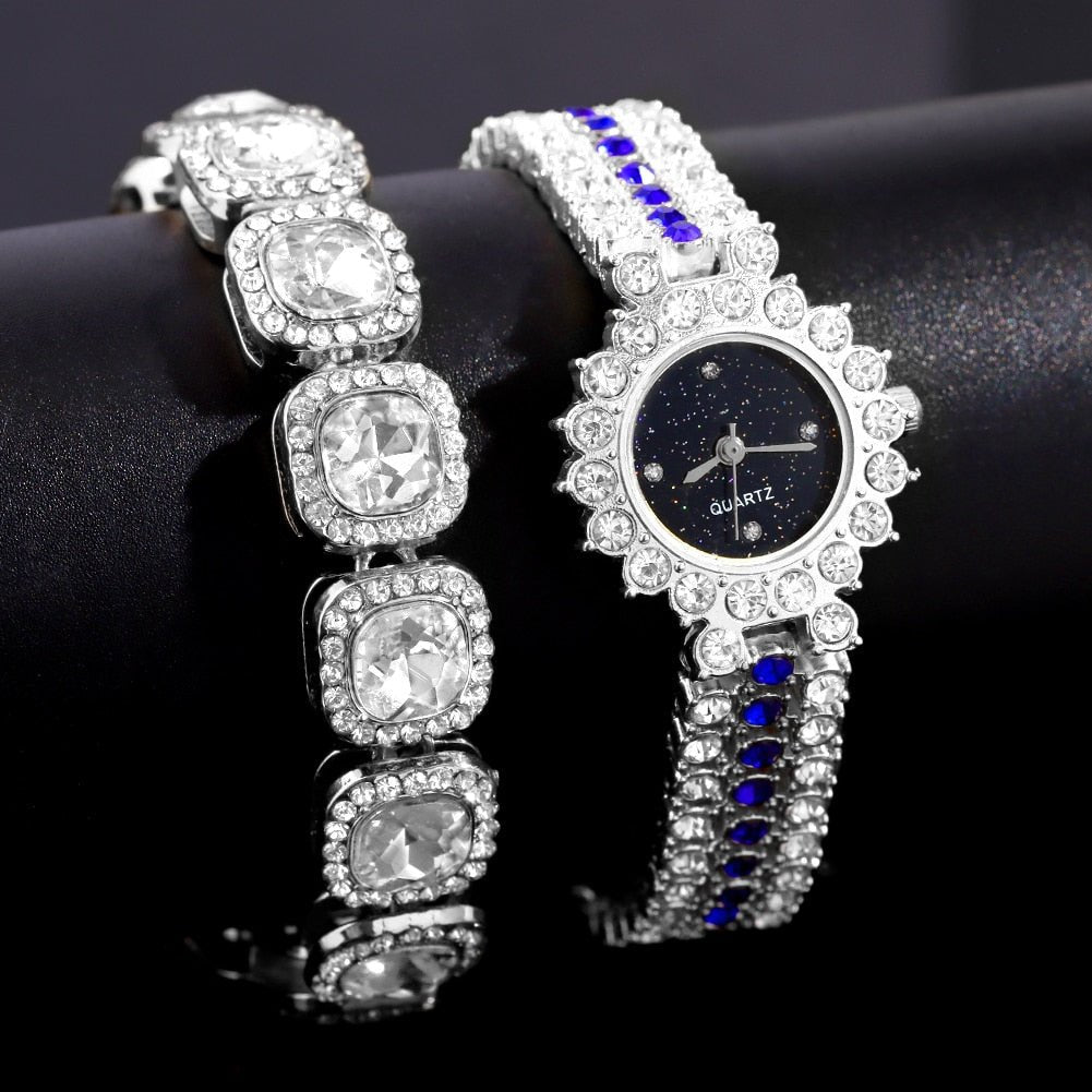 Silver Iced Starry Quartz Watch + Bracelet - Icefall - Blue